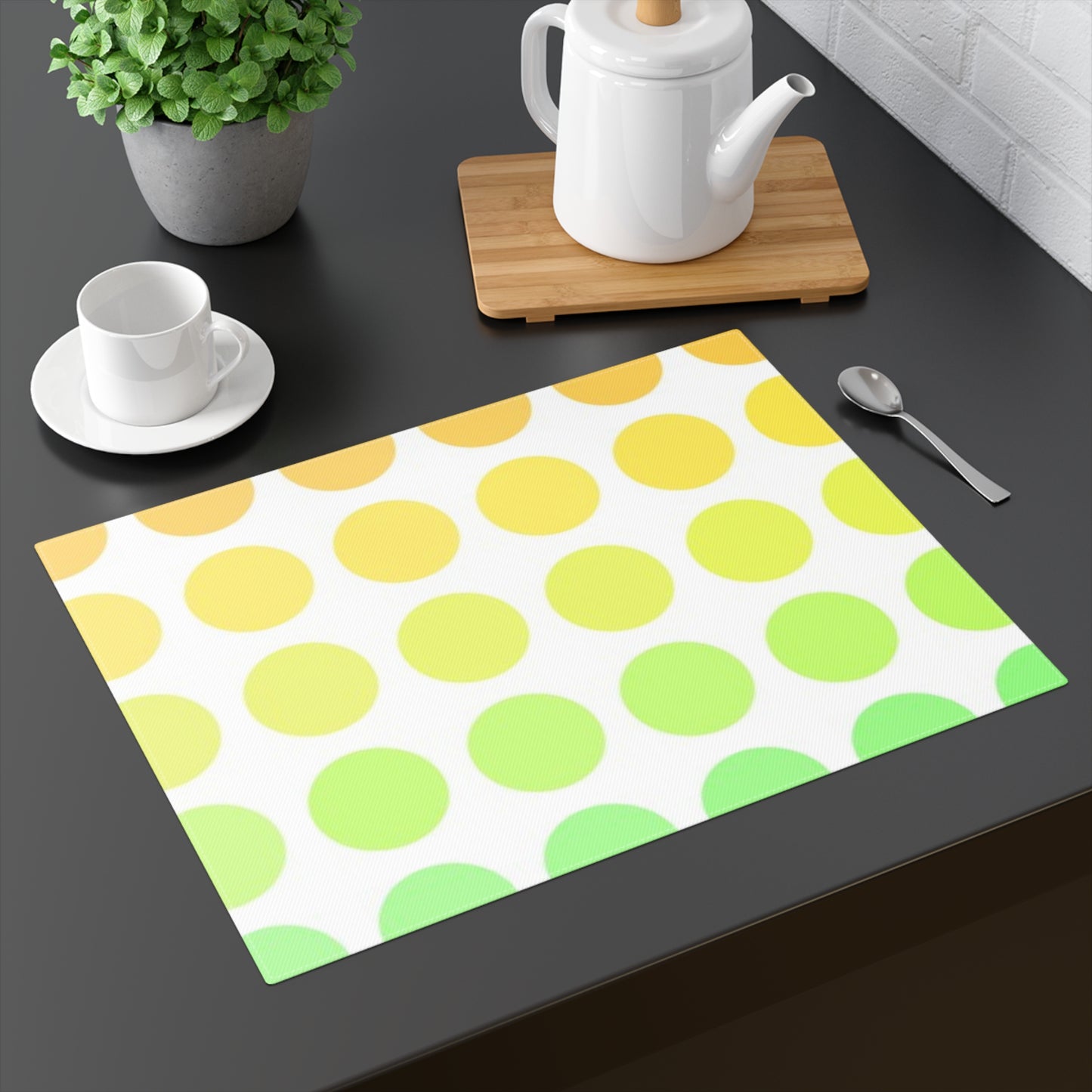 Polka Dot Joy Cotton Twill Placemat, Yellow/Green, Creamy White Fabric Background