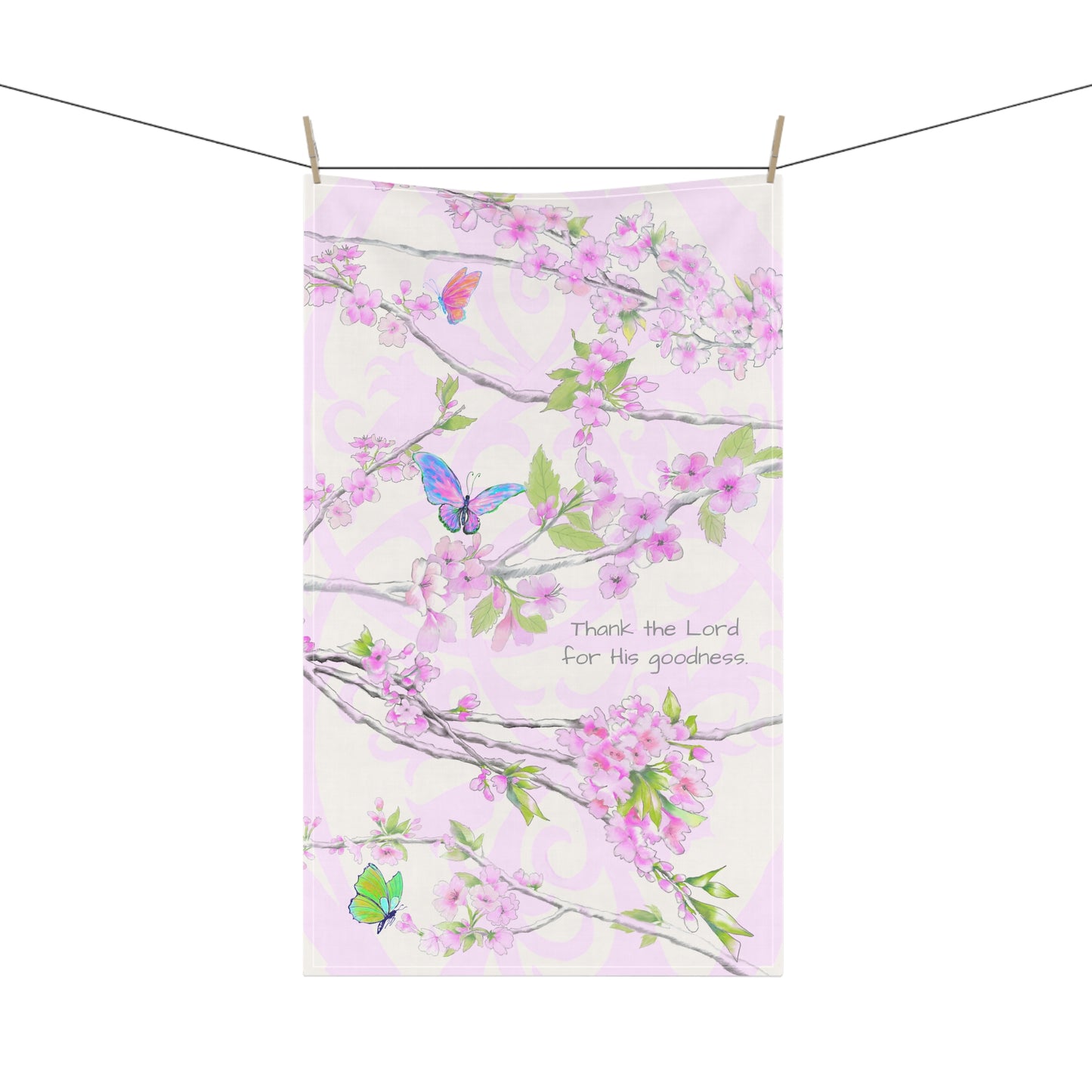 Cherry Blossom & Butterflies Tea Towels (cotton, poly) Thank the Lord for His goodness.