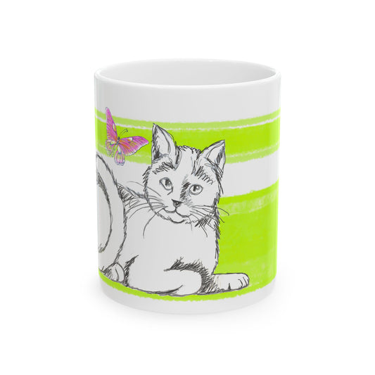 Mega Stripe Kitty Butterfly Flutter Ceramic Mug Lime