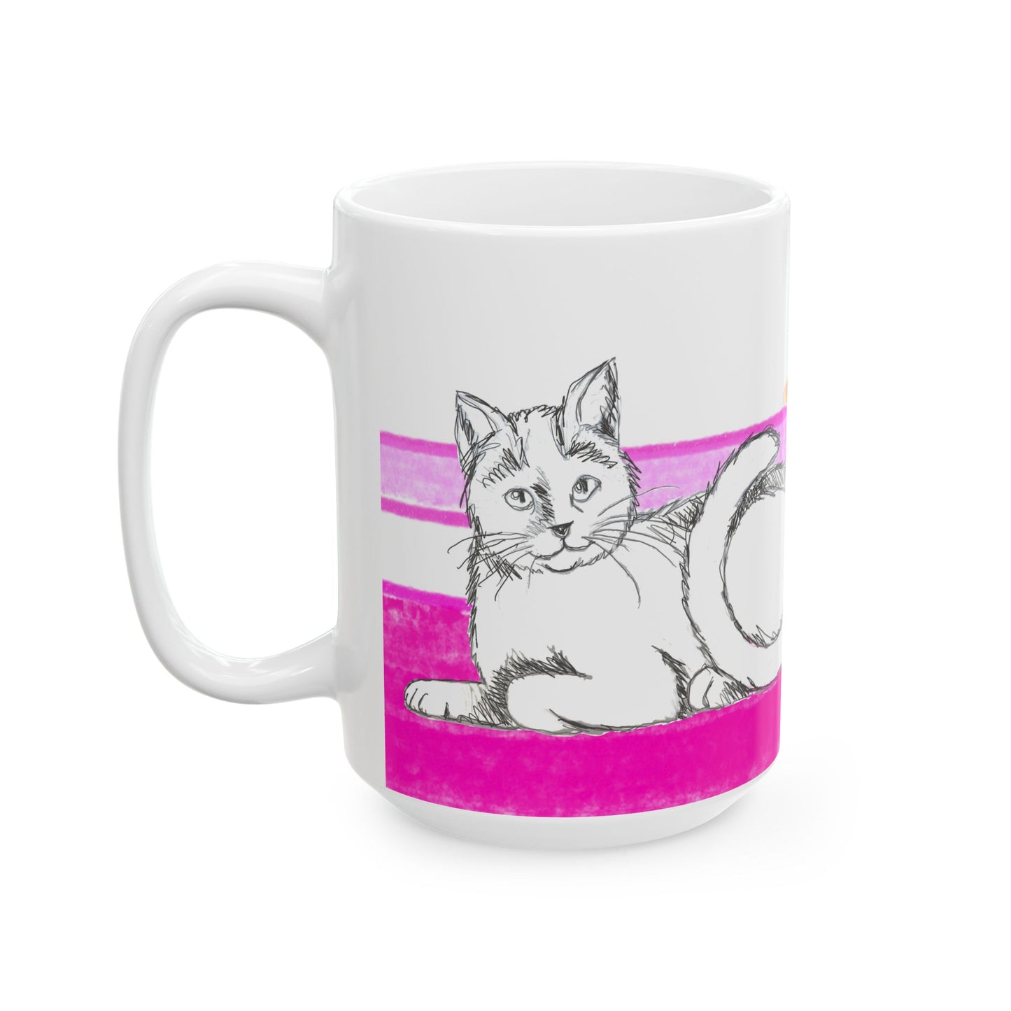 Mega Stripe Kitty Butterfly Flutter Ceramic Mug Raspberry Pink