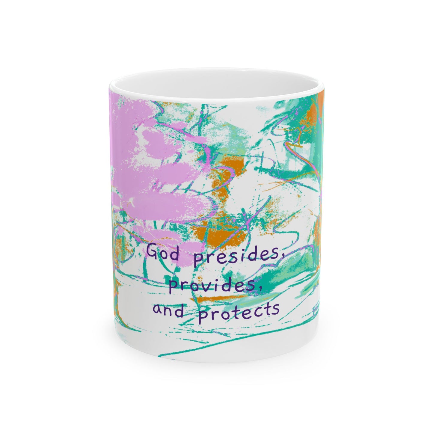 Inspirational Landscapes Ceramic Mug in Blue-Green and Lilac,"God presides, provides, and protects",  11oz