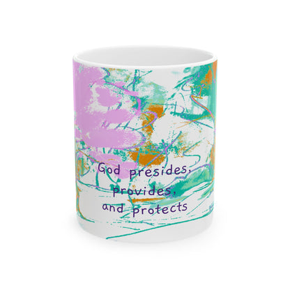 Inspirational Landscapes Ceramic Mug in Blue-Green and Lilac,"God presides, provides, and protects",  11oz