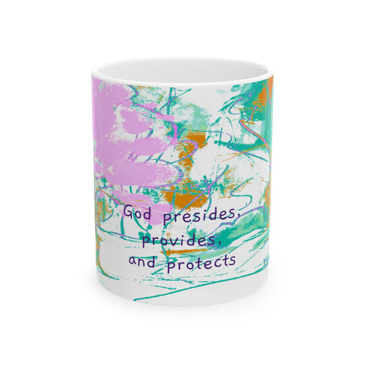 Inspirational Landscapes Ceramic Mug in Blue-Green and Lilac,"God presides, provides, and protects",  11oz