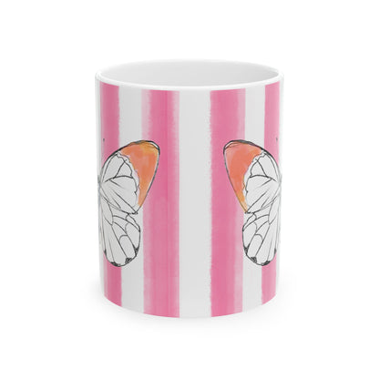 Butterfly Chroma Ceramic Mug in Orange with Pink Stripes, 11oz