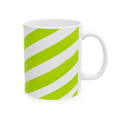 Diagonal Stripe Ceramic Mug in Lime Green, 11oz