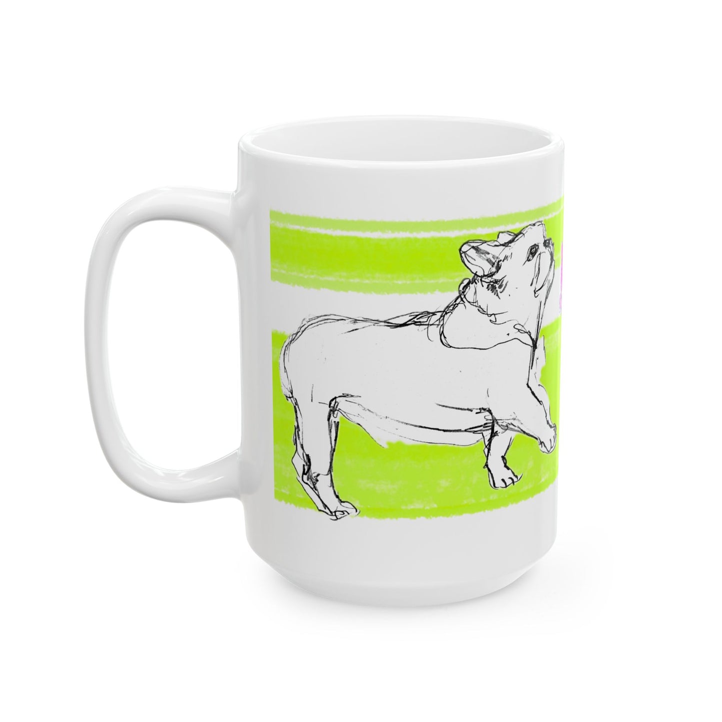 Mega Stripe Dogi Butterfly Flutter Ceramic Mug, (11oz, 15oz), Lime Bulldog