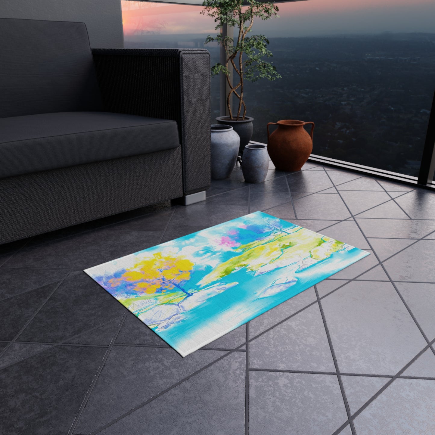 Joyful Landscapes Indoor/Outdoor Rug, Yellow and Blue, Non-Slip