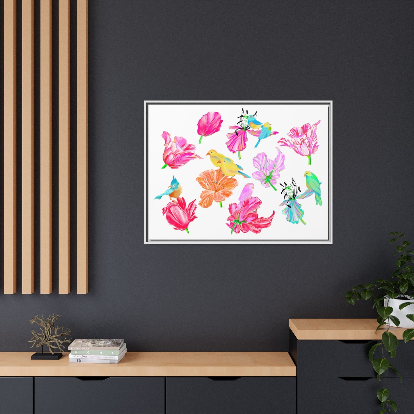 Vibrant Tulips Matte Canvas, Frame with birds