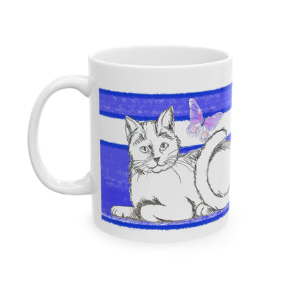 Mega Stripe Kitty Butterfly Flutter Ceramic Mug Ultramarine