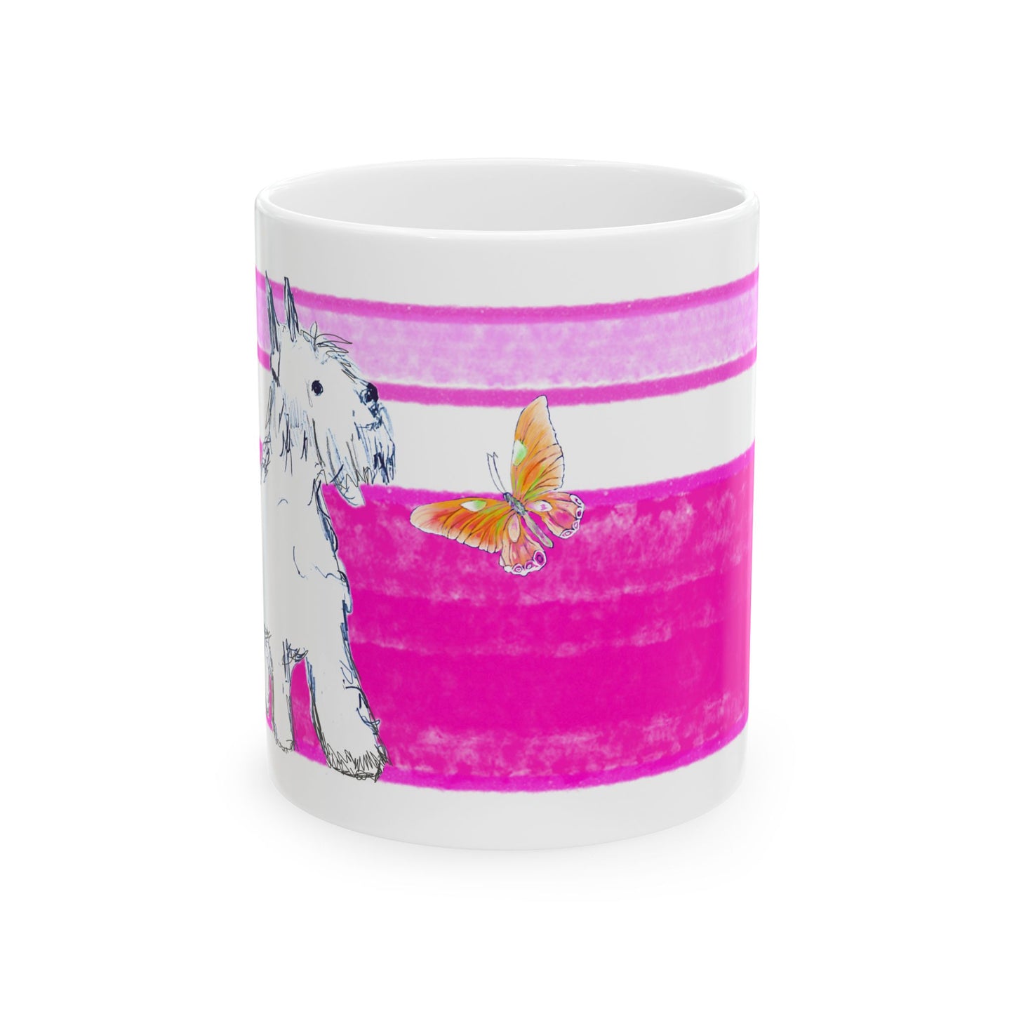 Mega Stripe Dogi Butterfly Flutter Ceramic Mug, (11oz, 15oz),  Raspberry Pink Schnauzer