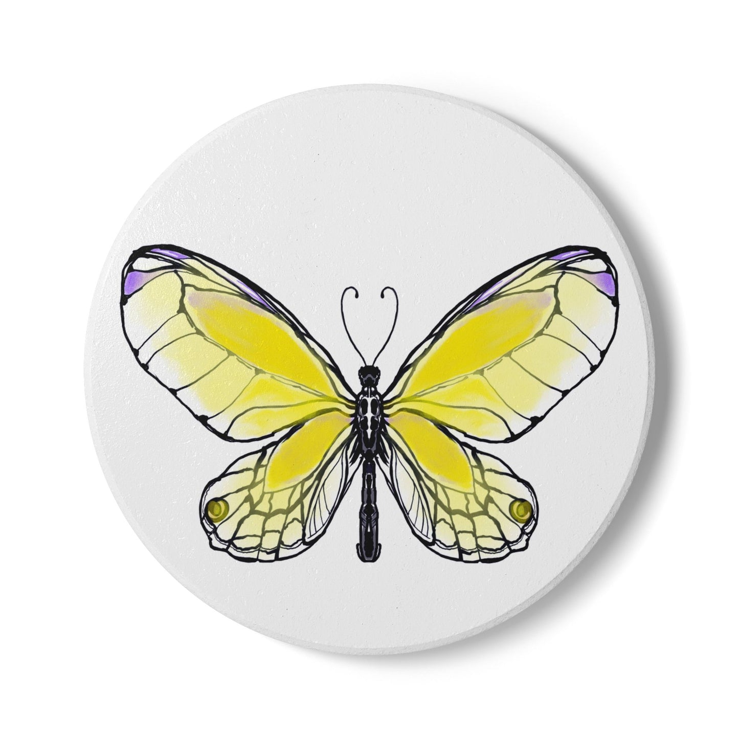 Butterfly Blossom Romp Ceramic Coaster, Yellow