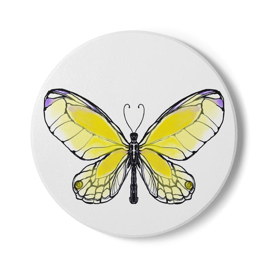 Butterfly Blossom Romp Ceramic Coaster, Yellow