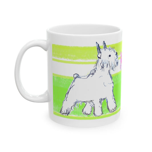 Mega Stripe Dogi Butterfly Flutter Ceramic Mug, (11oz, 15oz) Yellow Green Schnauzer