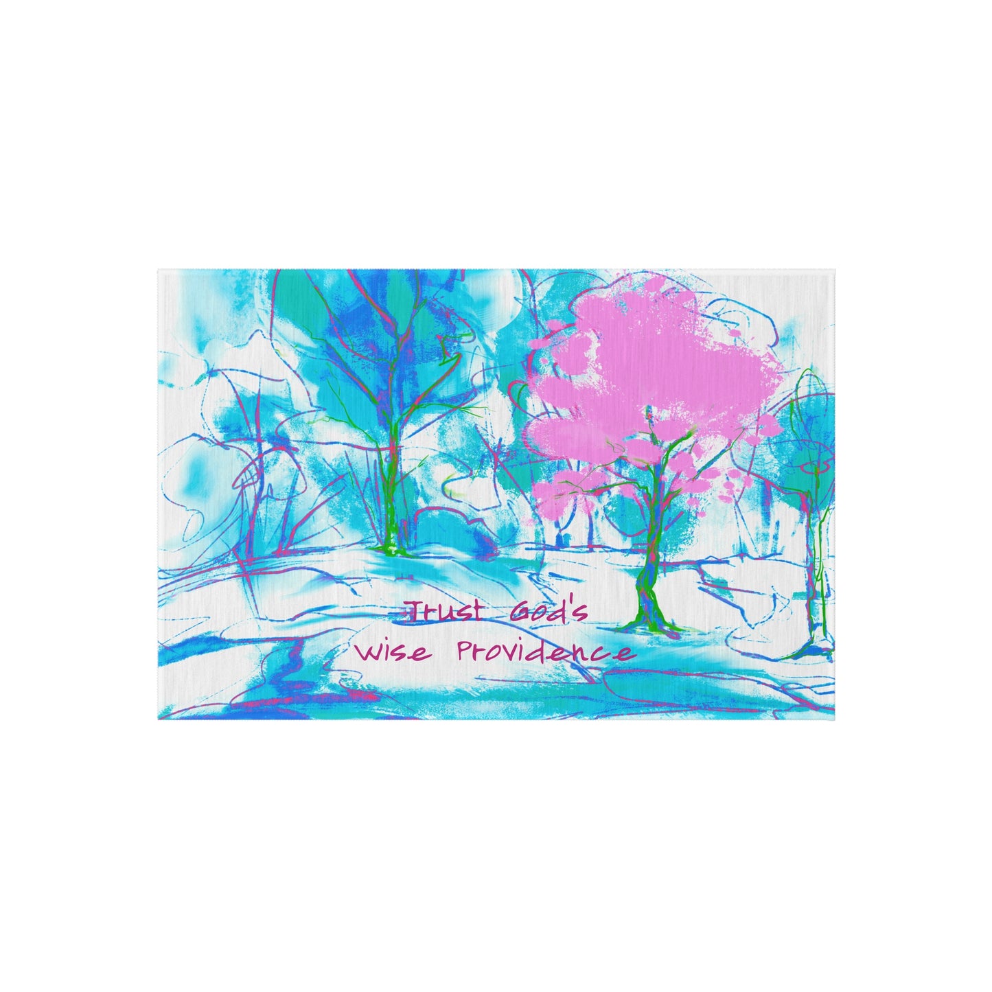 Inspirational Landscapes "Trust God's Providence" Indoor/Outdoor Rug in Blue and Pink Non-slip (36" x 24")
