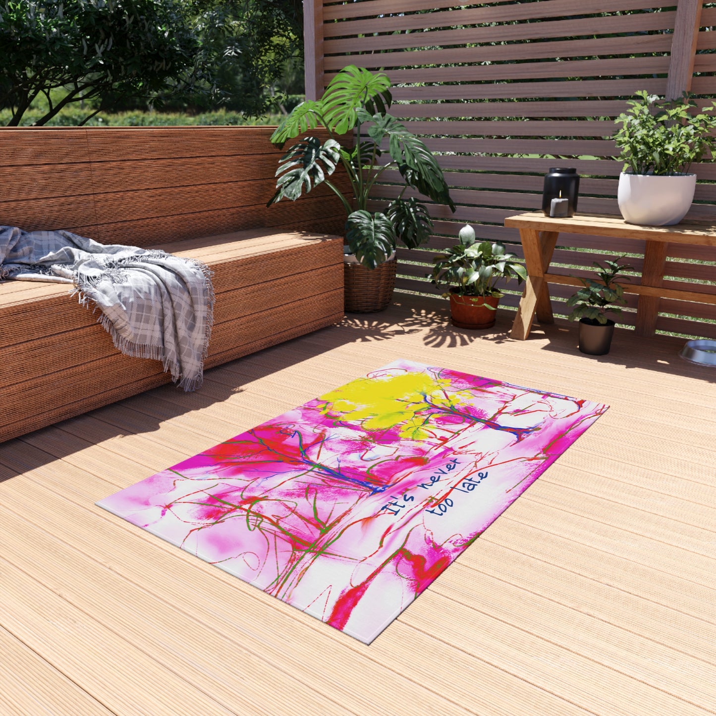 Inspirational Landscapes Indoor/Outdoor Rug, "It's never too late", Red, Pink, and Yellow Non-Slip