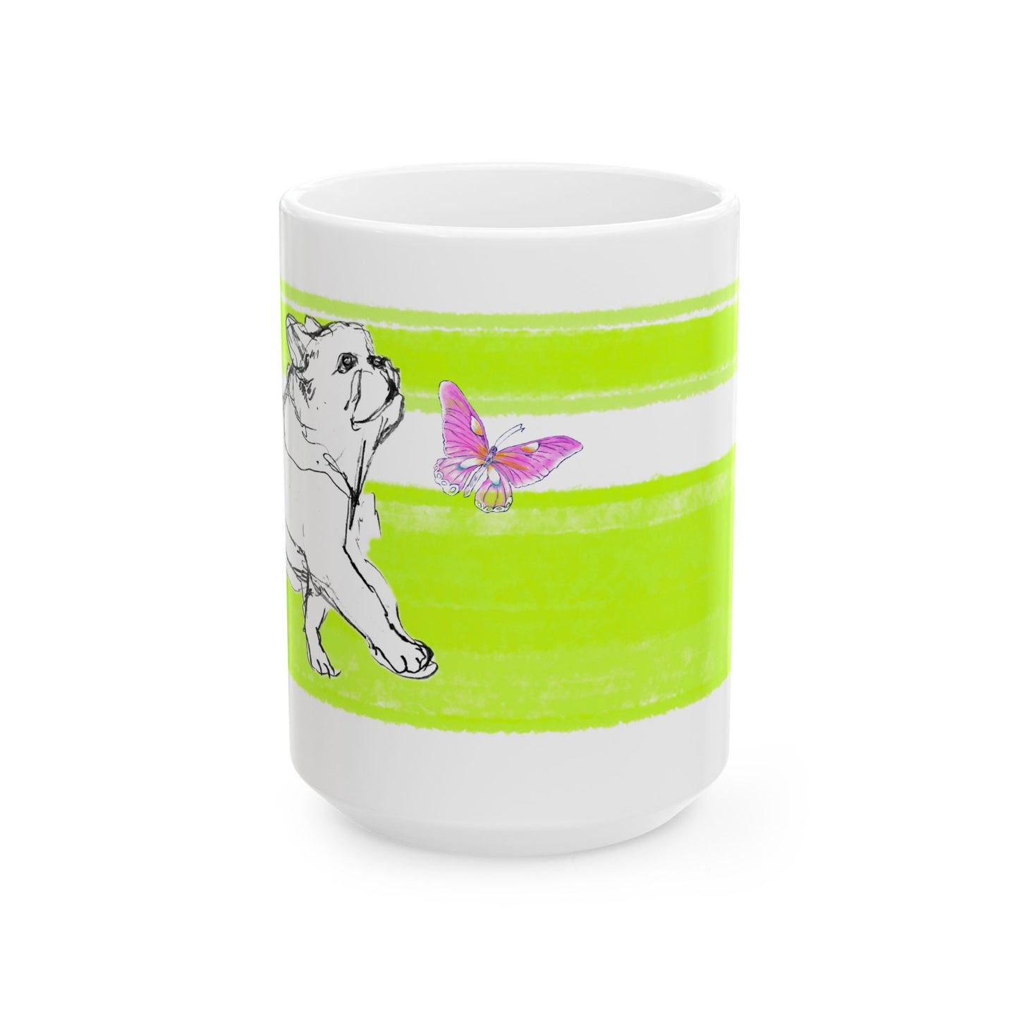 Mega Stripe Dogi Butterfly Flutter Ceramic Mug, (11oz, 15oz), Lime Bulldog