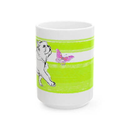 Mega Stripe Dogi Butterfly Flutter Ceramic Mug, (11oz, 15oz), Lime Bulldog