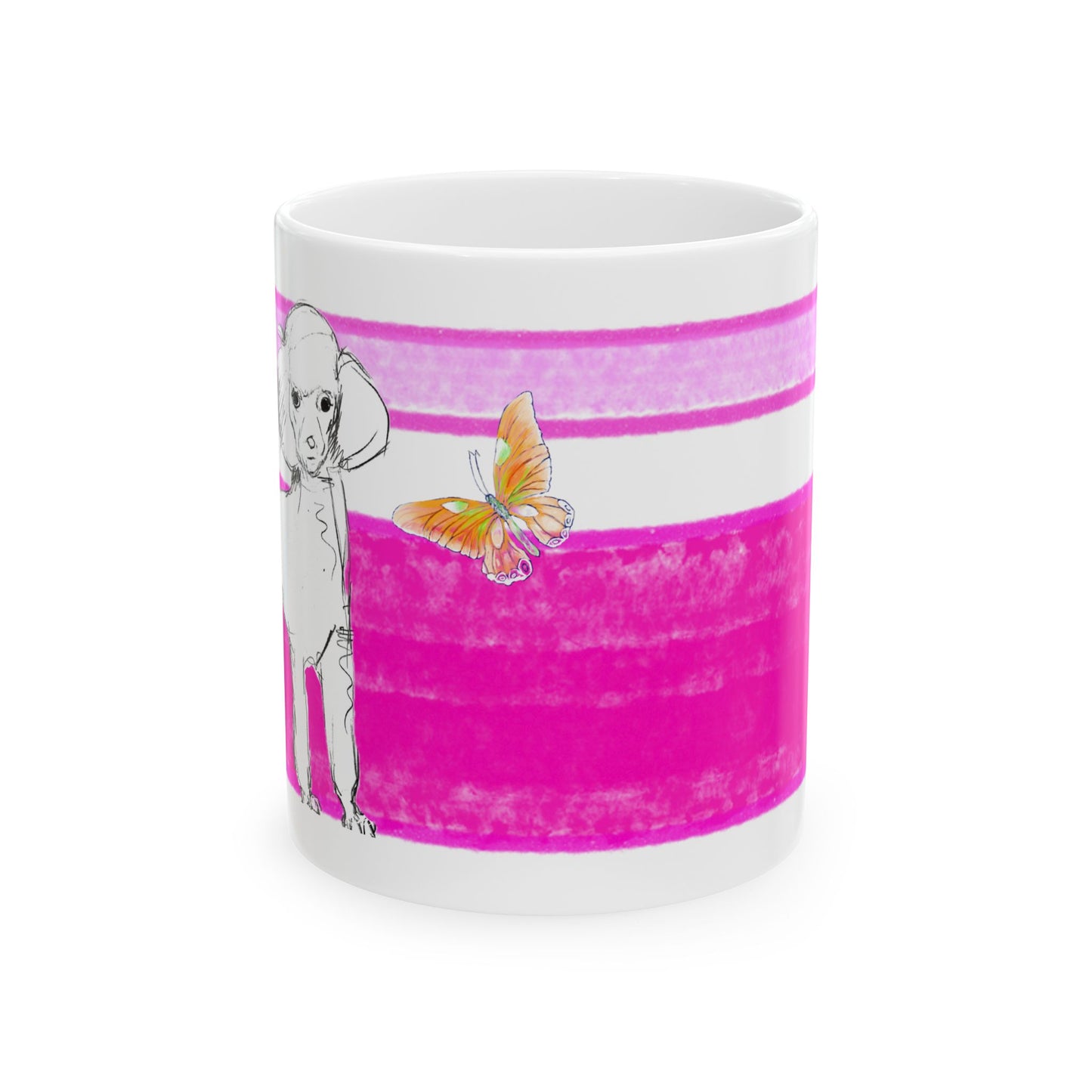 Mega Stripe Dogi Butterfly Flutter Ceramic Mug, (11oz, 15oz),  Raspberry Pink Poodle