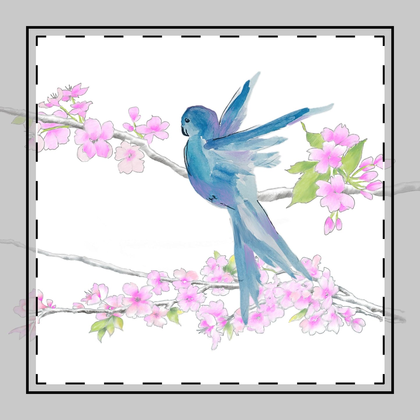 Blossoms & Birds in Blue  Poly Twill Napkin , Background fabric Bright White