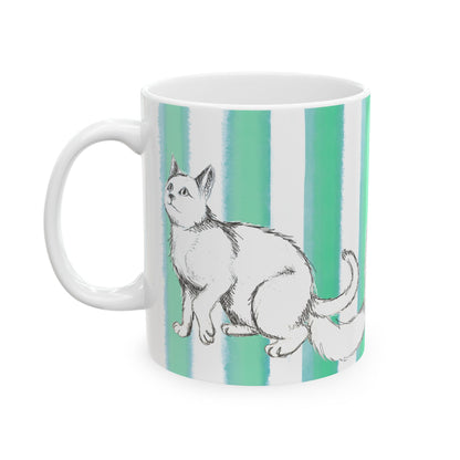 Kitty Fun Mug  with Aqua Green Stripes