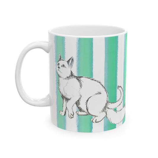 Kitty Fun Mug  with Aqua Green Stripes