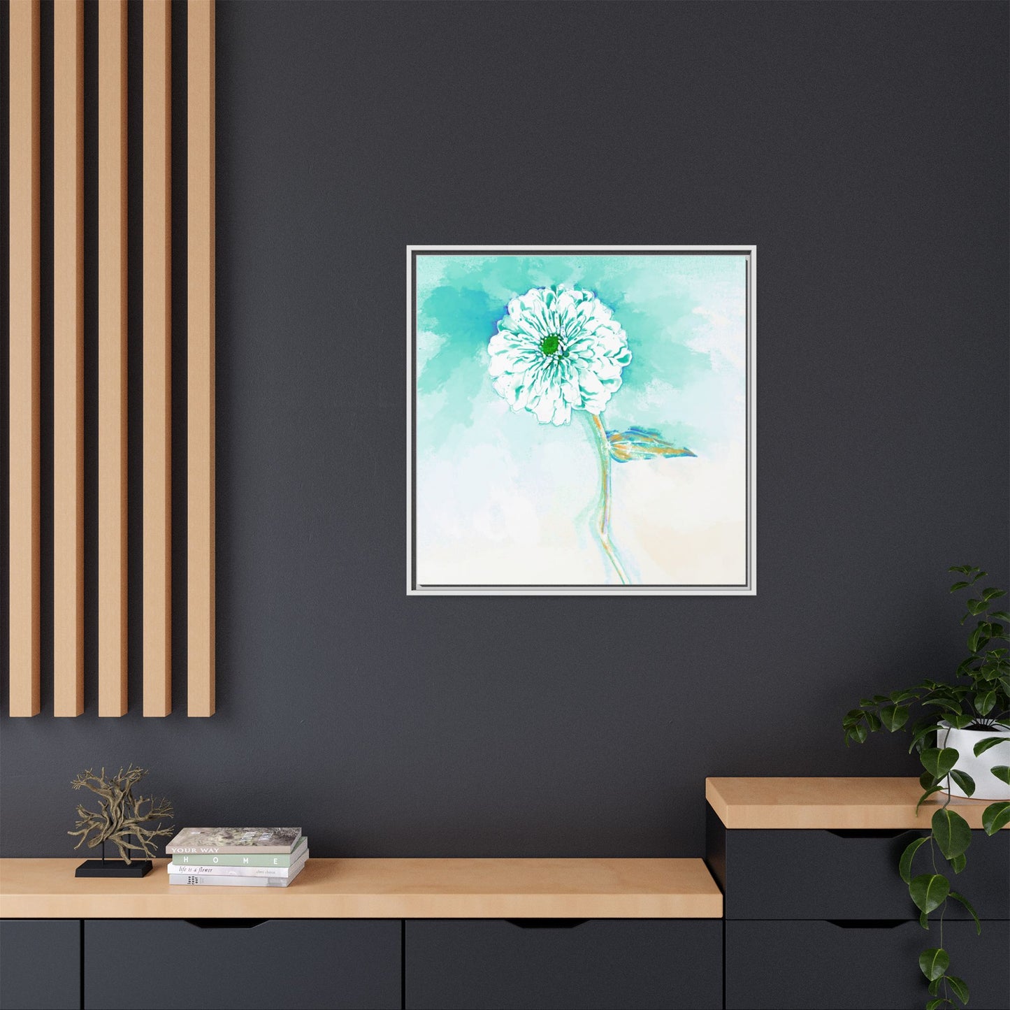 Zinnia Color Splash Matte Canvas Green Aqua Framed