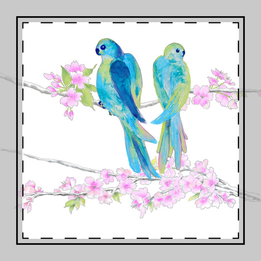Blossoms & Birds Cotton Twill Napkin Aqua, Background Fabric Creamy White