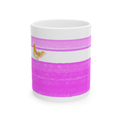 Mega Stripe Kitty Butterfly Flutter Ceramic Mug Purplish Pink