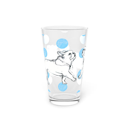 Dogi Fun and Polka Dots Pint Glass in Blue, French Bulldog, 16oz