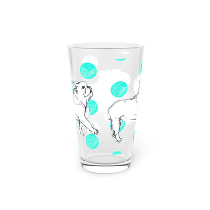Dogi Fun and Polka Dots Pint Glass in Aqua, French Bulldog, 16oz