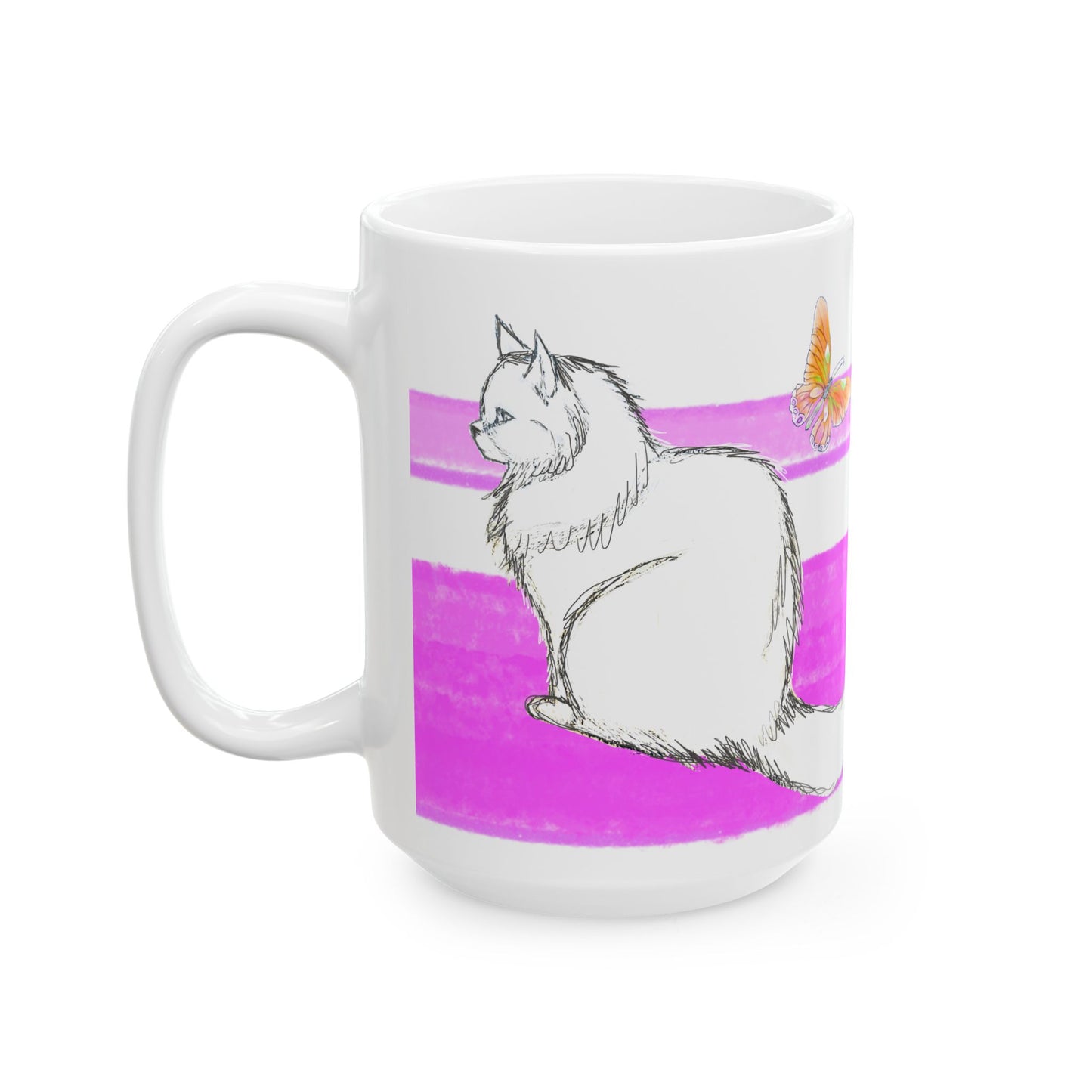 Mega Stripe Kitty Butterfly Flutter Ceramic Mug Purplish Pink