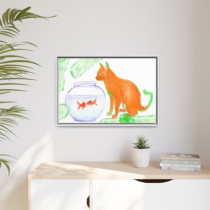 Colorful Cat and Fish Bowl Matte Canvas Framed white