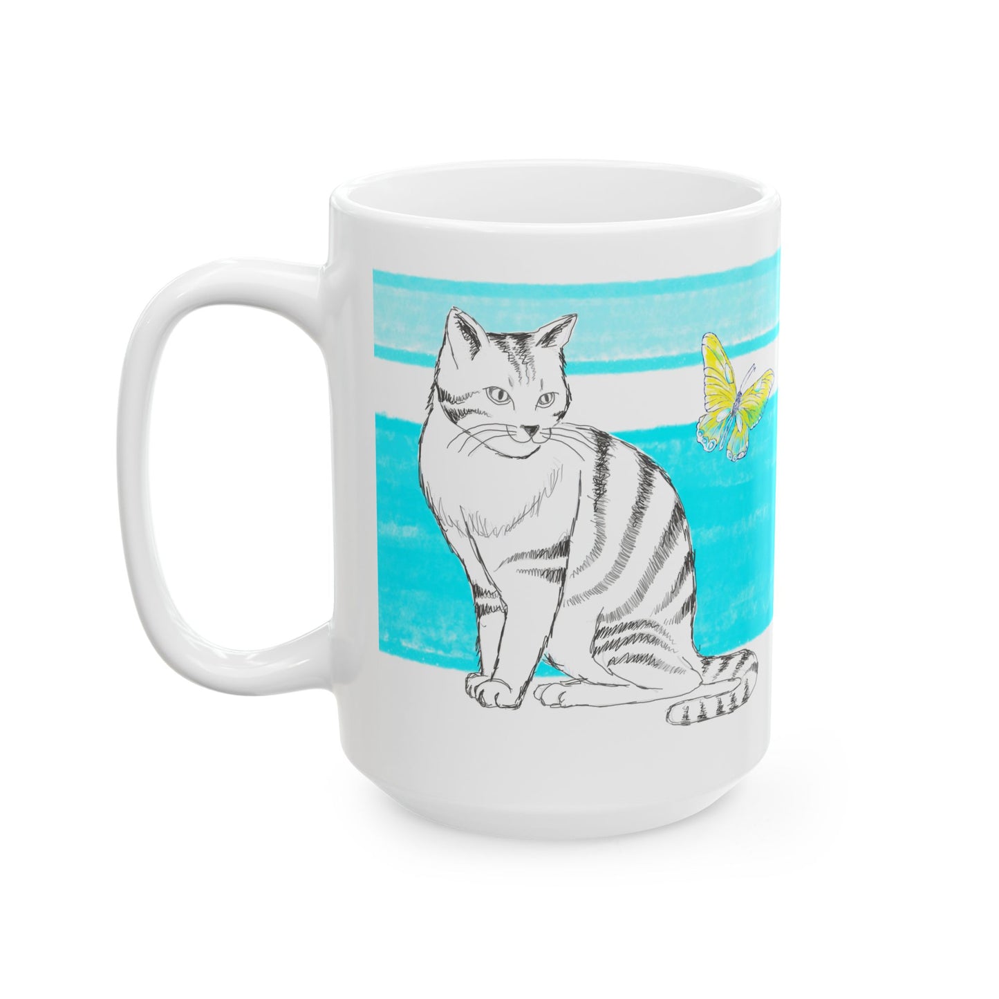 Mega Stripe Kitty Butterfly Flutter Ceramic Mug Aqua