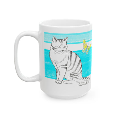 Mega Stripe Kitty Butterfly Flutter Ceramic Mug Aqua