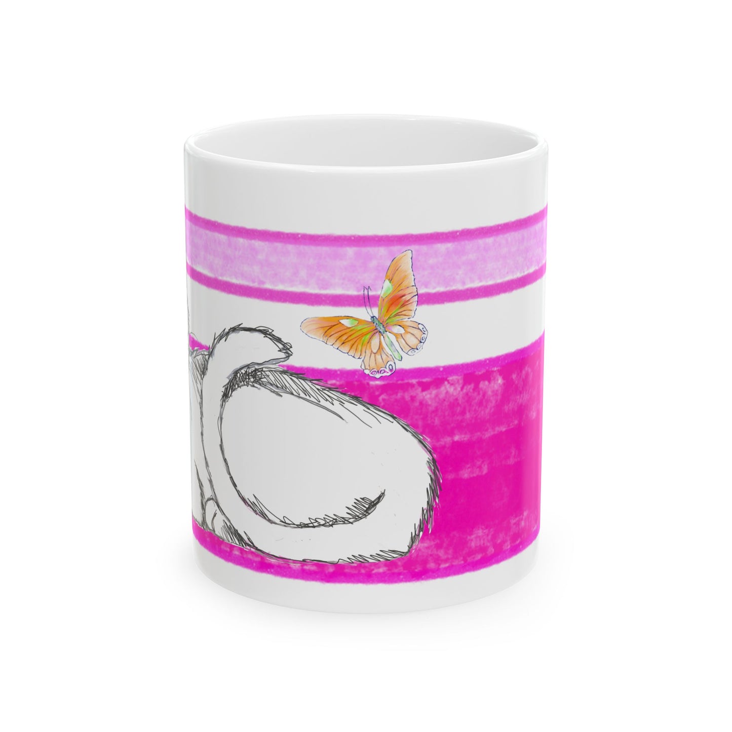 Mega Stripe Kitty Butterfly Flutter Ceramic Mug Raspberry Pink