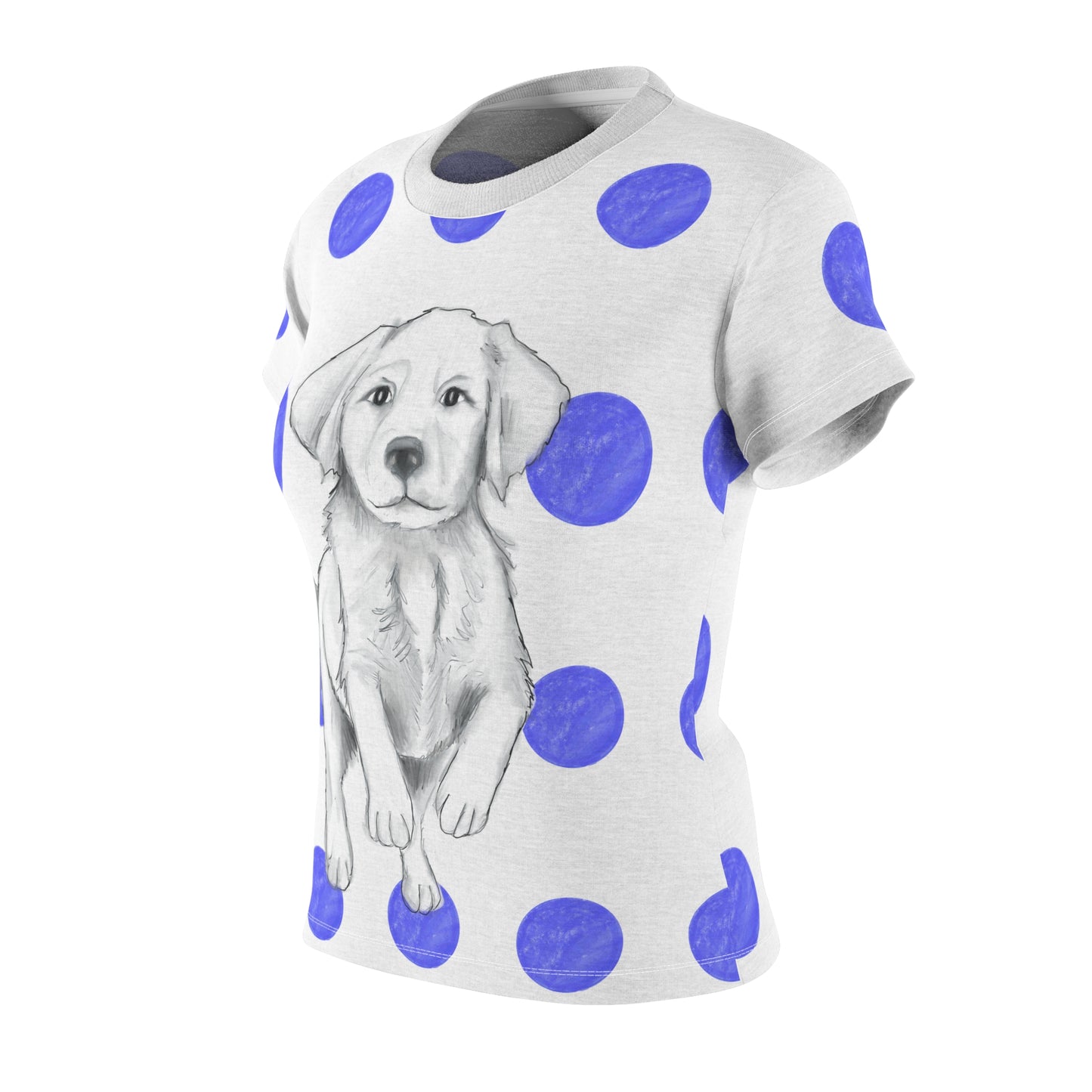 Dogi Fun Women's Tee shirt White with Blue Polka Dots, Lab Puppy