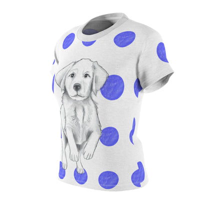 Dogi Fun Women's Tee shirt White with Blue Polka Dots, Lab Puppy