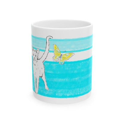 Mega Stripe Kitty Butterfly Flutter Ceramic Mug Aqua