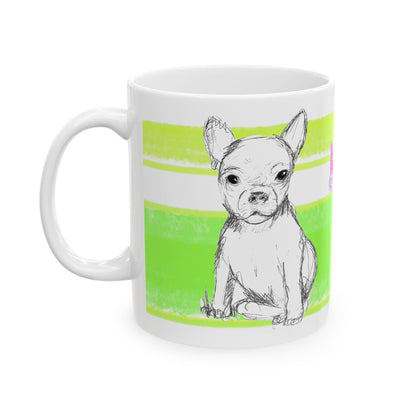 Mega Stripe Dogi Butterfly Flutter Ceramic Mug, (11oz, 15oz) Yellow Green Chihuahua