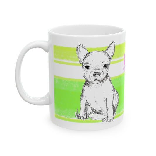 Mega Stripe Dogi Butterfly Flutter Ceramic Mug, (11oz, 15oz) Yellow Green Chihuahua