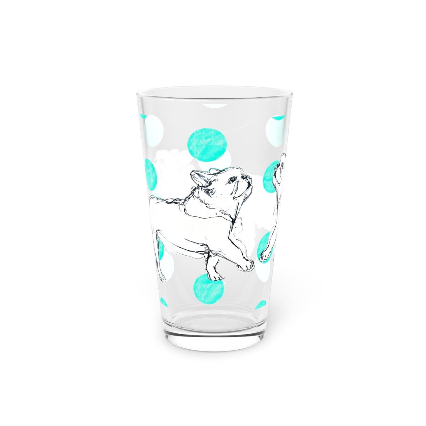 Dogi Fun and Polka Dots Pint Glass in Aqua, French Bulldog, 16oz