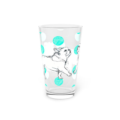 Dogi Fun and Polka Dots Pint Glass in Aqua, French Bulldog, 16oz