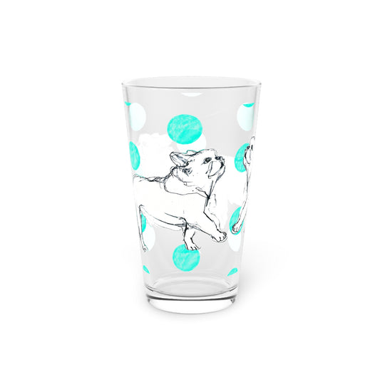 Dogi Fun and Polka Dots Pint Glass in Aqua, French Bulldog, 16oz