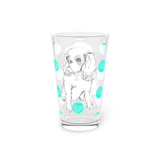 Dogi Fun and Polka Dots Pint Glass in Aqua, Cocker Spaniel, 16oz