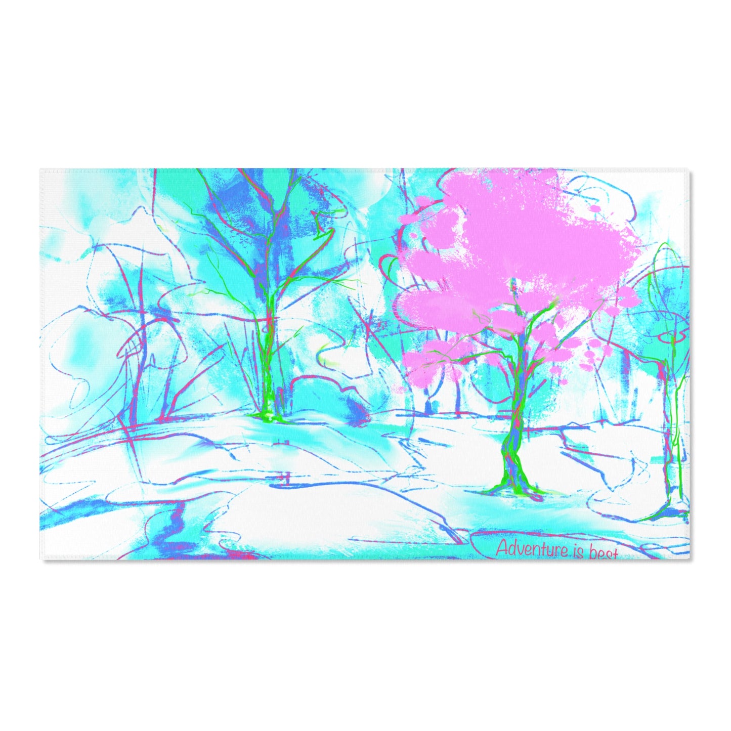 Inspirational Landscapes Indoor/Outdoor Area Rug, "Adventure Is Best",  Blue, Aqua, and Lilac