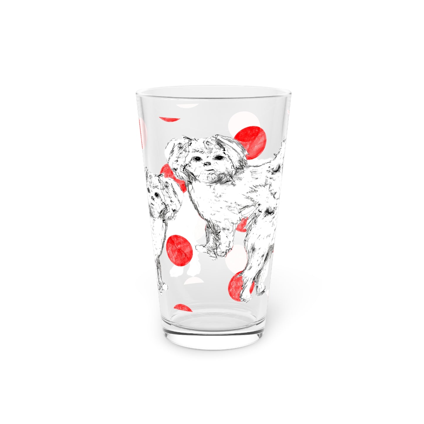 Dogi Fun and Polka Dots Pint Glass in Red, Shih Tzu, 16oz