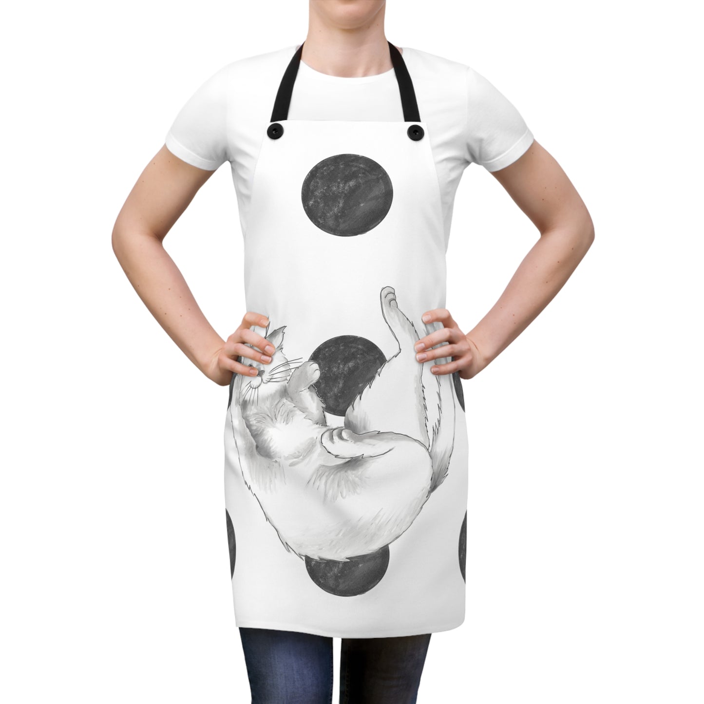 Kitty Fun, Apron, Black Polka Dots