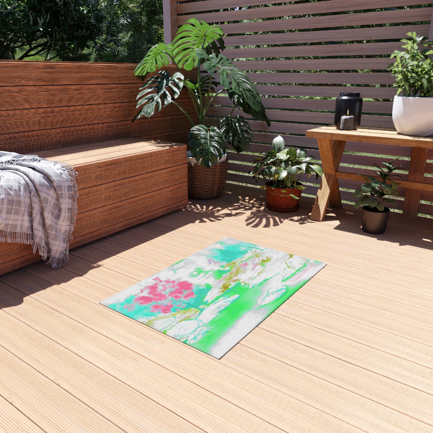 Inspirational Landscapes "Kindness is never wasted"  Indoor/Outdoor Area Rug in Lime, Aqua, and Raspberry (36" x 24")