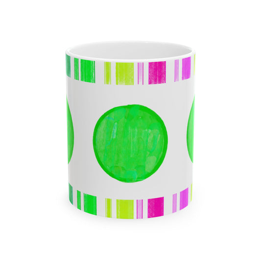 Mega Dot  & Stripes Bright Green Ceramic Mug, (11oz, 15oz)