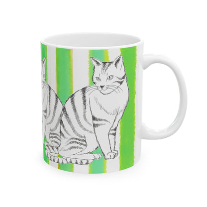 Kitty Fun Mug with Dark Green Stripes